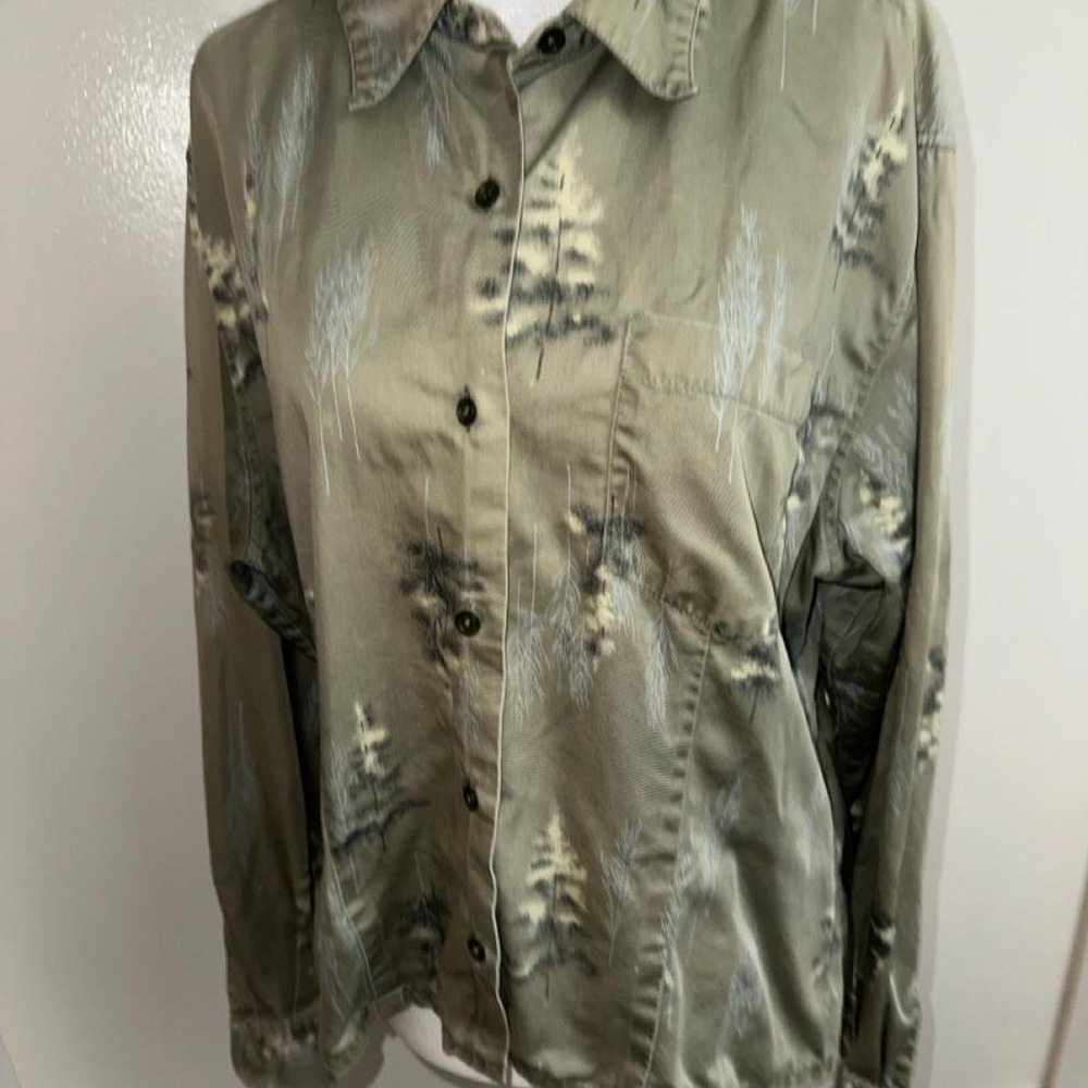 Vintage Woolrich Womens Olive Green Pine Tree Print Cotton Button Down Shirt